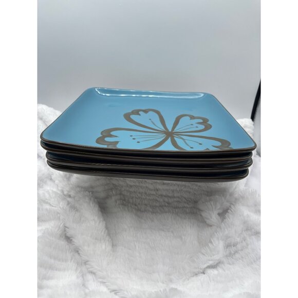 Pier 1 Hibiscus Square Plate Brown Turquois Dinner Discontinued Pattern Set of 4 - Picture 7 of 8